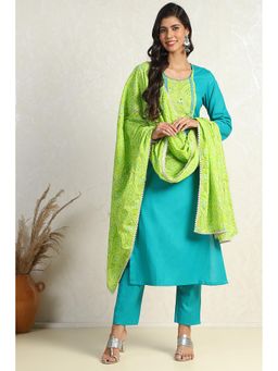 Biba - Womens Turquoise Cotton Dyeing Unstitched Top with Unstitched Top and Dupatta (Set of 3)
