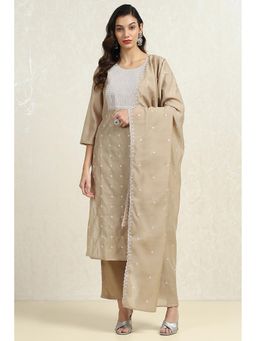 Biba - Womens Beige Chanderi Embroidered Unstitched Top with Unstitched Top and Dupatta (Set of 3)
