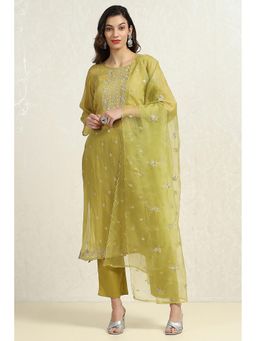 Biba - Womens Green Organza Embroidered Unstitched Top with Unstitched Top and Dupatta (Set of 3)