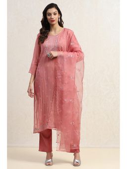 Biba - Womens Pink Organza Embroidered Unstitched Top with Unstitched Top and Dupatta (Set of 3)
