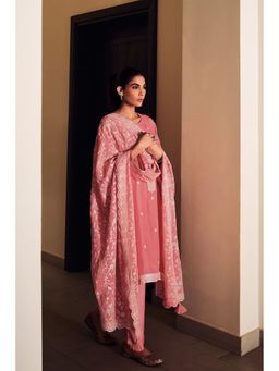 Biba - Womens Pink Organza Embroidered Unstitched Top with Unstitched Top and Dupatta (Set of 3)