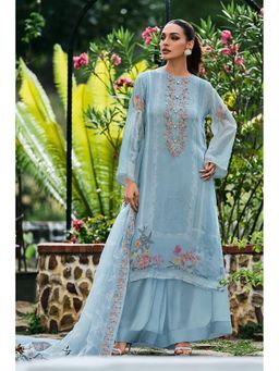 Biba - Womens Sky Blue Organza Unstitched Top with Unstitched Top and Dupatta (Set of 3)