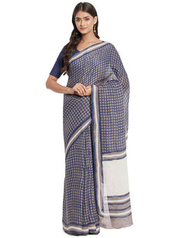 Fabindia - Navy Blue Hand Block Print Linen Saree
