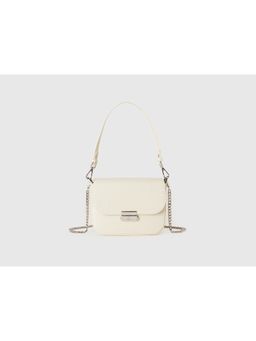 United Colors of Benetton - Women Textured Croc-Effect Flap Sling Bag with Detachable Strap - Cream