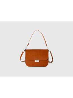United Colors of Benetton - Women Textured Croc-Effect Flap Sling Bag with Detachable Strap - Brown