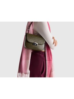 United Colors of Benetton - Women Textured Croc-Effect Flap Sling Bag with Detachable Strap - Green