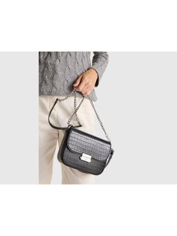 United Colors of Benetton - Women Textured Croc-Effect Flap Sling Bag with Detachable Strap - Black
