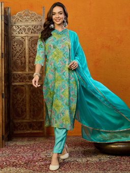 Vaamsi - Women Blue Bandhani Printed Kurta with Pant and Dupatta (Set of 3)