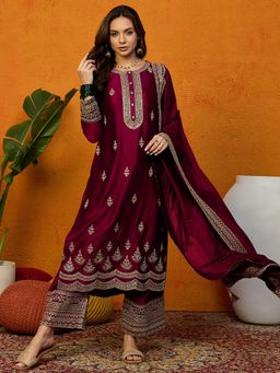 Vaamsi - Women Maroon Silk Blend Embroidered Kurta with Palazzo and Dupatta (Set of 3)