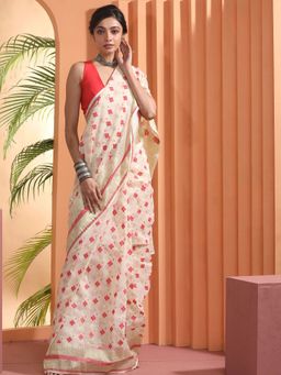 Beatitude - Cream Jacquard Jamdani Saree with Unstitched Blouse