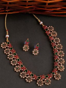 OOMPH - Antique Gold Tone Red & Green Stone Necklace Set with Earrings