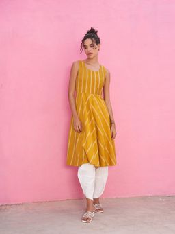 Abhishti - Yellow Stripped Pin-Tucked Anarkali Kurta