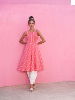 Abhishti - Pink Stripped Pin-Tucked Anarkali Kurta