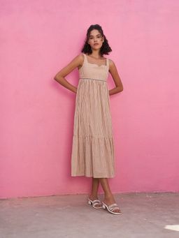 Abhishti - Brown Tiered Gingham Checks Dress with Sweetheart Neckline