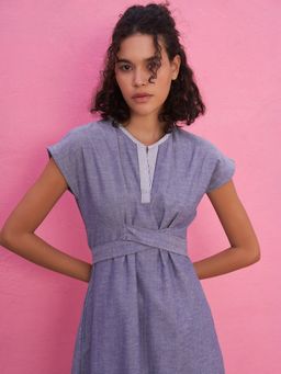 Abhishti - Blue Cross Tie-Up Chambray Dress with A-Line Silhouette