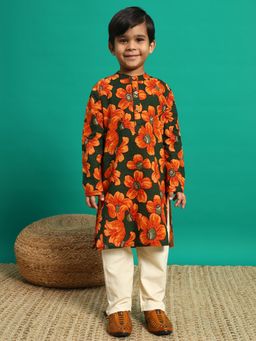 Readiprint - Boys Cotton Fabric Green and Orange Color Kurta and Pyjama (Set of 2)