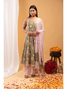Aritri - Rose Bloom Printed Anarkali Kurta with Palazzo & Dupatta