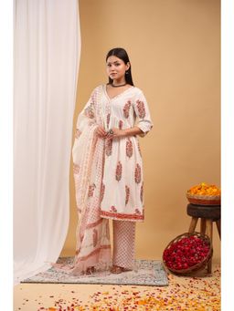 Aritri - Ivory Rose Handblock Print Kurta with Pant & Dupatta