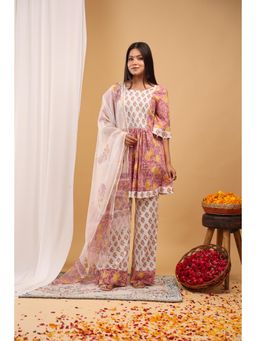 Aritri - Pink Garden Printed Kurta with Pant & Kota Doria Dupatta