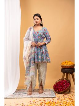 Aritri - Sky Bloom Floral Printed Peplum Kurta with Dhoti Pant & Dupatta