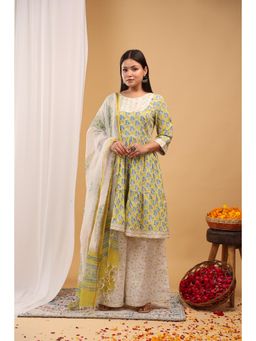 Aritri - Sunshine Bloom Tiered Kurta & Palazzo with Kota Doria Dupatta