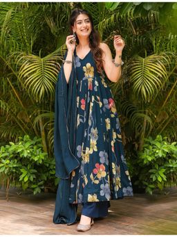 Kedar Fab - Womens Cotton Blend Floral Printed Anarkali Kurta with Pant & Dupatta