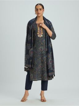 Women Plus - Midnight Blue Embroidered Pure Malai Plus Size Kurta with Pant & Dupatta