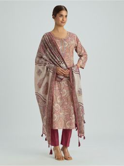 Women Plus - Pink Embroidered Pure Malai Cotton Plus Size Kurta with Pant & Dupatta