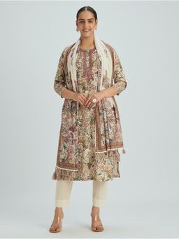 Women Plus - White Embroidered Pure Malai Cotton Plus Size Kurta with Pant & Dupatta