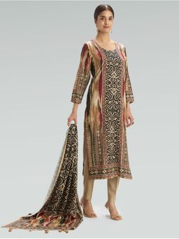 Women Plus - Dark Beige Embellished Digitally Printed Plus Size Kurta with Pant & Dupatta