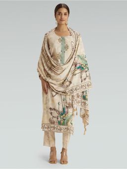 Women Plus - Cream Embroidered Digitally Printed Plus Size Kurta with Pant & Dupatta