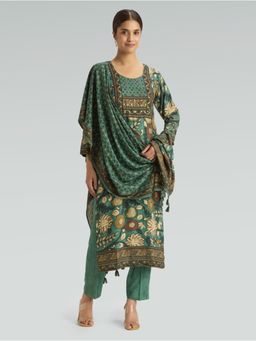 Women Plus - Green Embellished Printed Viscose Rayon Plus Size Kurta with Pant & Dupatta