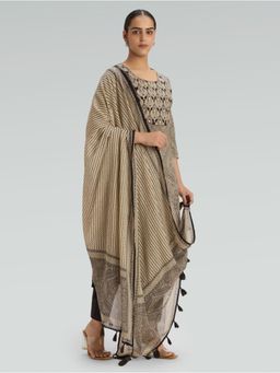 Women Plus - Dark Beige Embroidered Pure Cotton Print Plus Size Kurta with Pant & Dupatta
