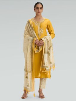 Women Plus - Bright Sun Yellow Embroidered Viscose Rayon Plus Kurta with Pant & Dupatta