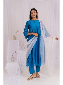 Mushio - Blue Chanderi Floral Lace Anarkali Kurta with Pant & Dupatta