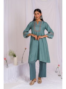 Mushio - Blue Cotton Silk Yoke Embroidery Kurta with Pant