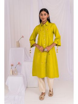 Mushio - Lemon Green Linen hand Embroidered Kurta with Pant