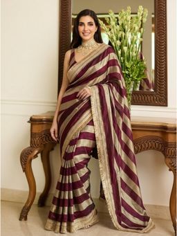 Nyri - Maroon Stripes Embellished Saree with Unstitched Blouse