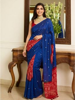 Nyri - Blue Printed Mirror Work Saree with Unstitched Blouse