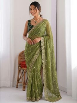 Nyri - Green Embellished Embroidered Saree with Unstitched Blouse