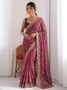 Nyri - Pink Embellished Embroidered Saree with Unstitched Blouse