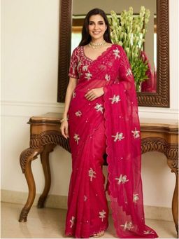 Nyri - Pink Embellished Embroidered Saree with Unstitched Blouse