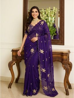 Nyri - Purple Embellished Embroidered Saree with Unstitched Blouse