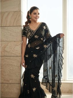 Nyri - Black Embellished Embroidered Saree with Stitched Blouse with Stitched