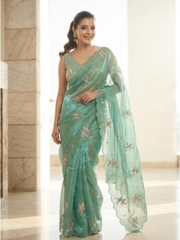 Nyri - Blue Embellished Embroidered Saree with Stitched Blouse with Stitched