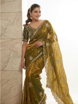 Nyri - Green Embellished Embroidered Saree with Stitched Blouse with Stitched