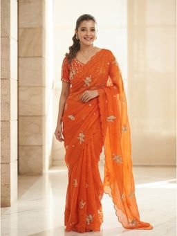Nyri - Orange Embellished Embroidered Saree with Stitched Blouse with Stitched