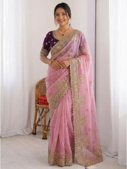 Nyri - Embellished Embroidered Zari Organza Saree with Stitched Blouse with Stitched