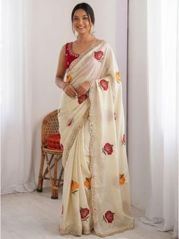 Nyri - Cream Embroidered Chiffon Saree with Unstitched Blouse