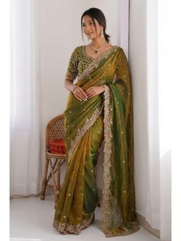 Nyri - Green Embellished Embroidered Zari Satin Saree with Stitched Blouse with Stitched